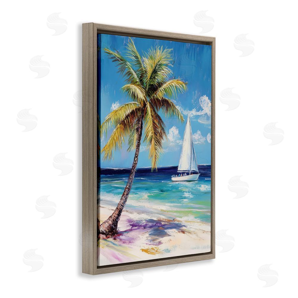 Petal Prints Design Sailboat Delight with Palm Tree Brown Floating Framed Canvas Wall Art Print