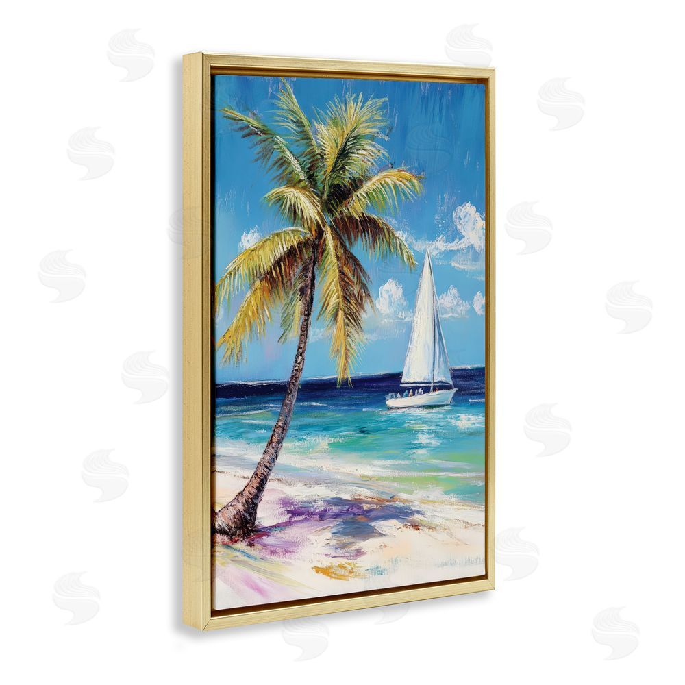 Petal Prints Design Sailboat Delight with Palm Tree Gold Floating Framed Canvas Wall Art Print