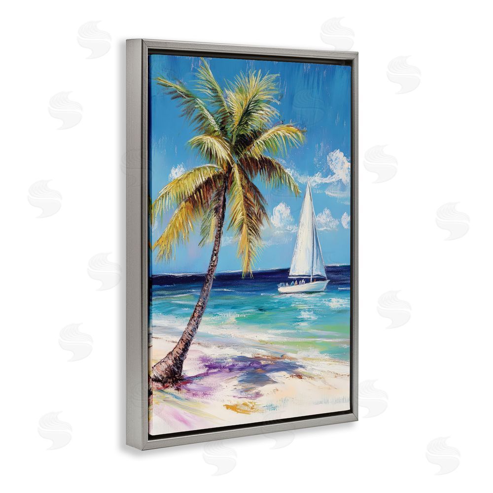 Petal Prints Design Sailboat Delight with Palm Tree Gray Floating Framed Canvas Wall Art Print