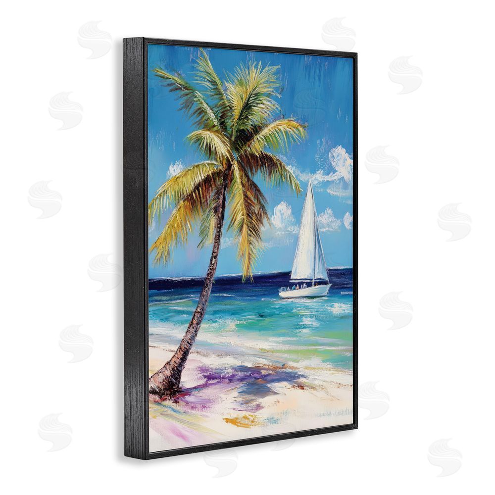 Petal Prints Design Sailboat Delight with Palm Tree Black Framed Giclee Wall Art Print
