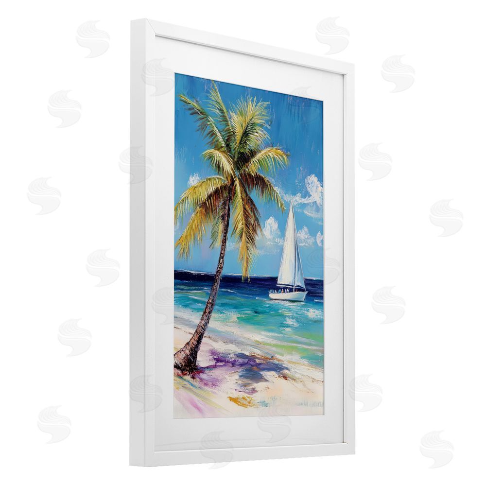 Petal Prints Design Sailboat Delight with Palm Tree White Framed Print Under Glass with White Mat Wall Art
