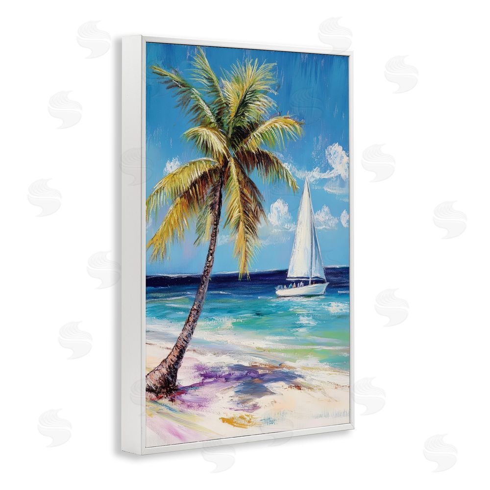 Petal Prints Design Sailboat Delight with Palm Tree White Framed Giclee Wall Art Print