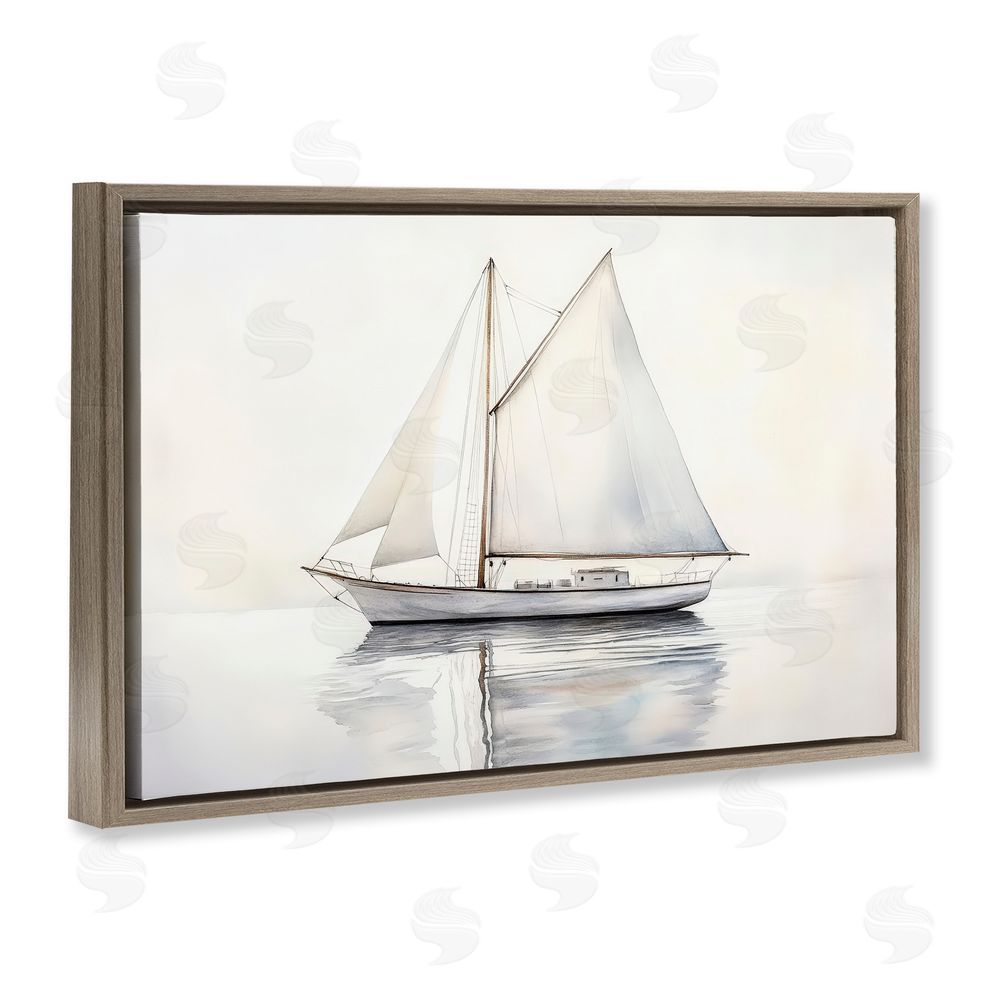 Petal Prints Design Neutral Sailboat Reflection Brown Floating Framed Canvas Wall Art