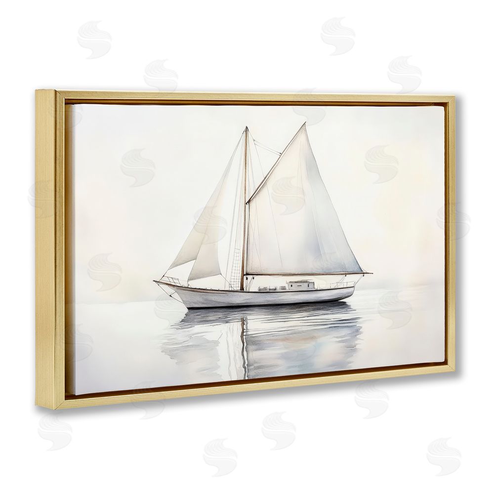 Petal Prints Design Neutral Sailboat Reflection Gold Floating Framed Canvas Wall Art