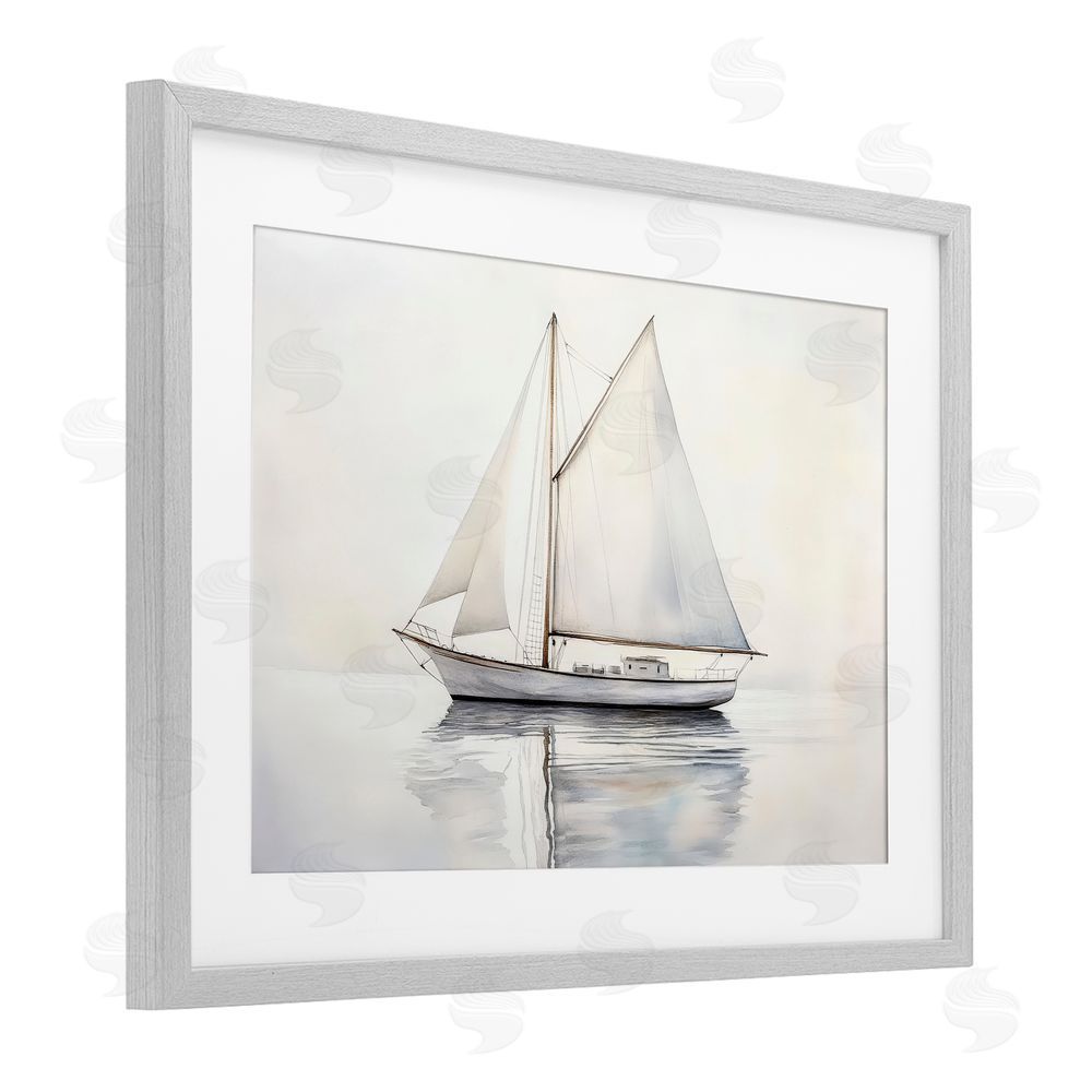 Petal Prints Design Neutral Sailboat Reflection Gray Framed Print Under Glass Wall Art
