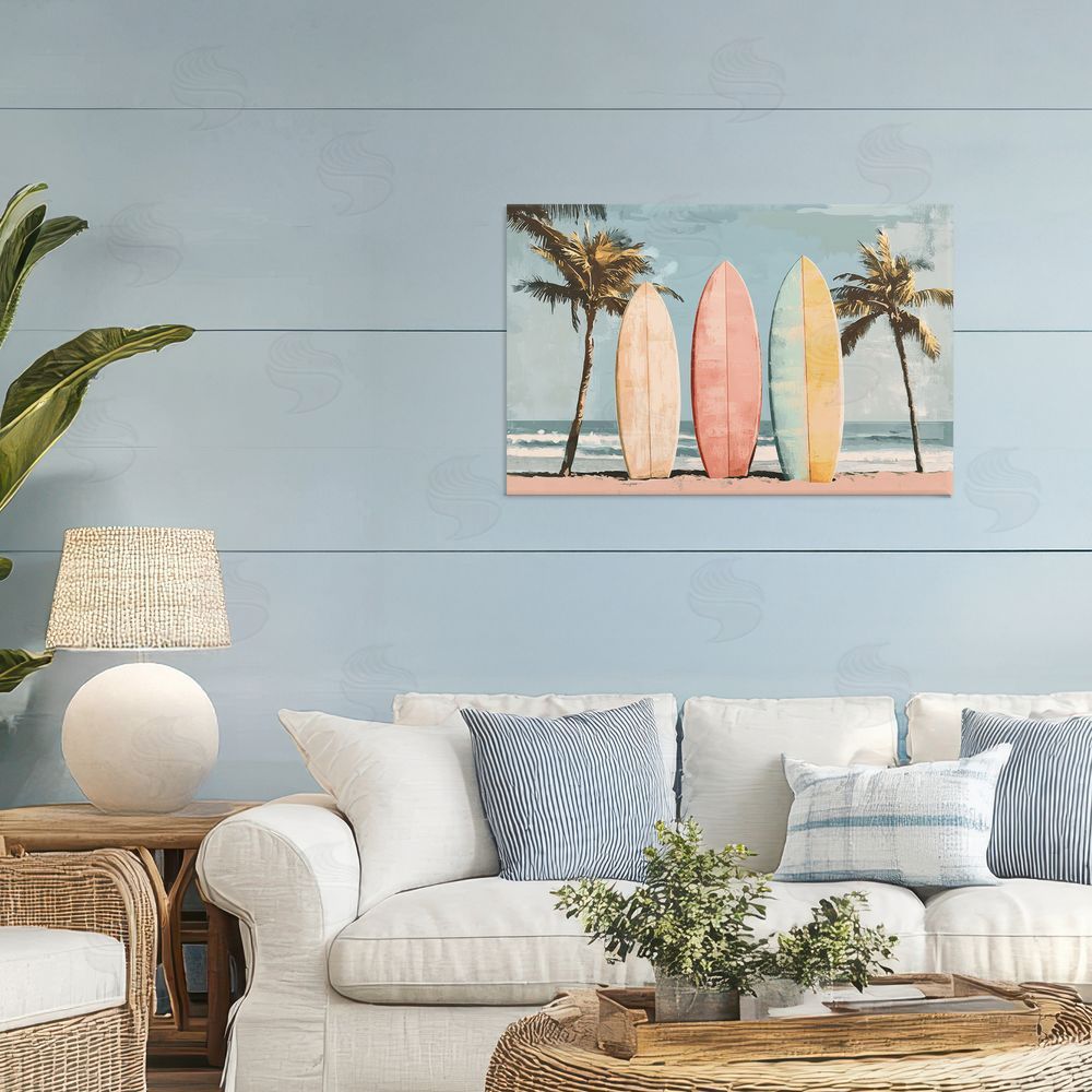 Petal Prints Design Paradise Surfboard Trio Stretched Canvas Wall Art in Room