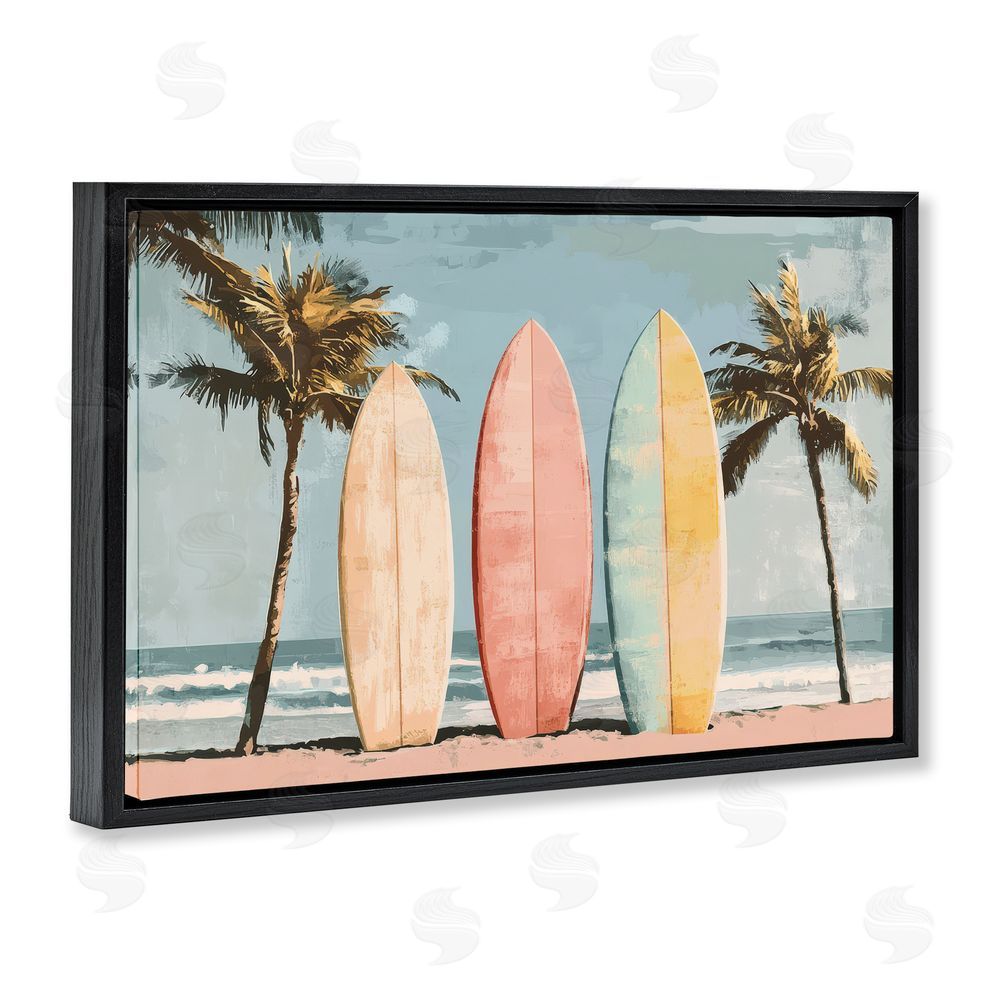 Petal Prints Design Paradise Surfboard Trio Black Floating Framed Canvas Wall Art