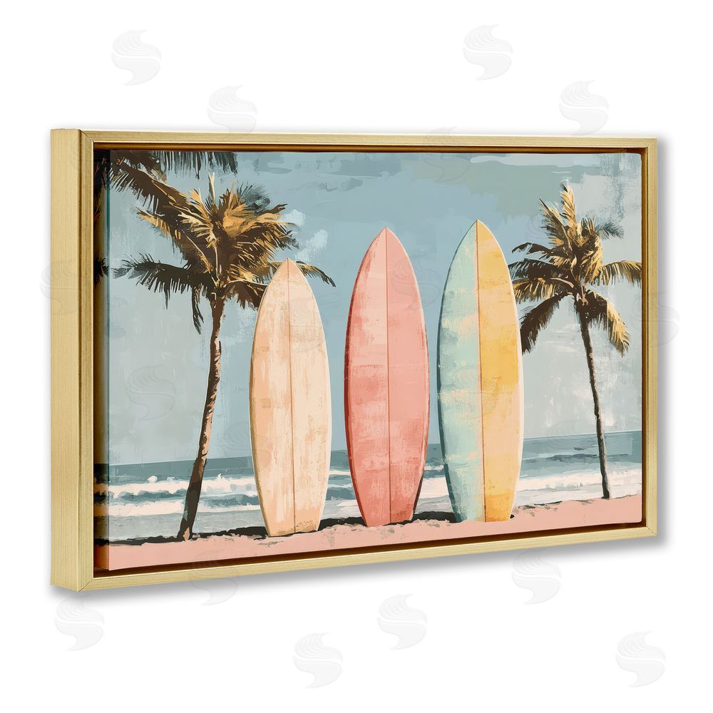 Petal Prints Design Paradise Surfboard Trio Gold Floating Framed Canvas Wall Art