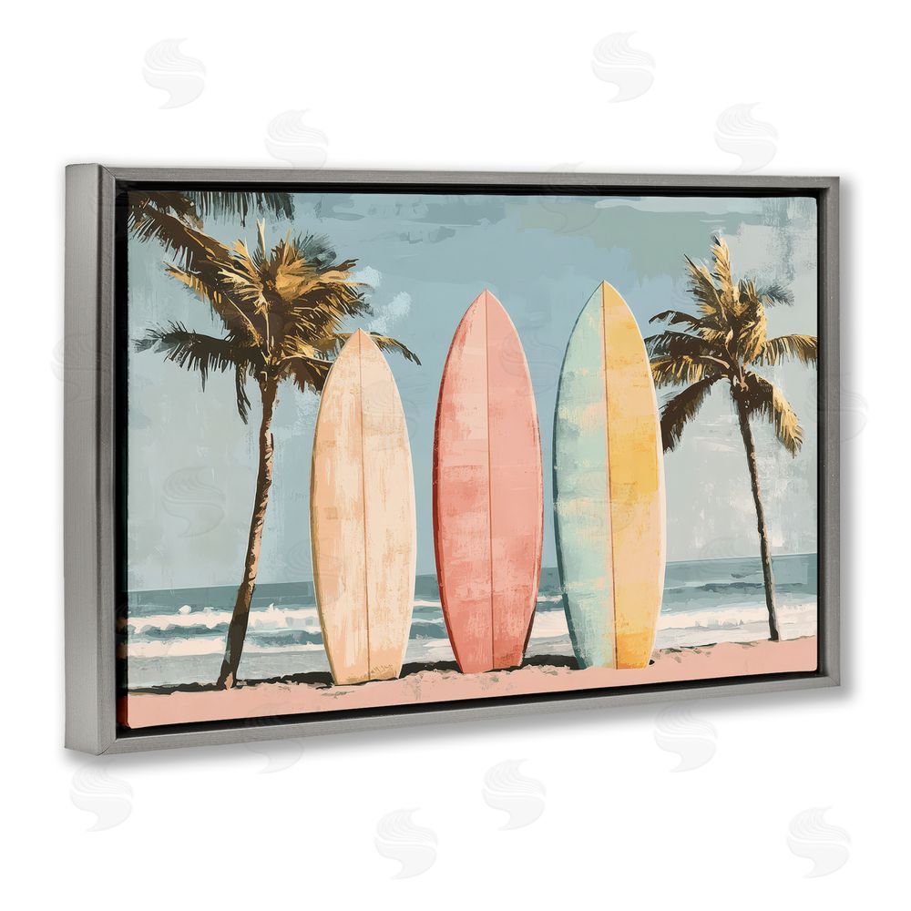 Petal Prints Design Paradise Surfboard Trio Gray Floating Framed Canvas Wall Art