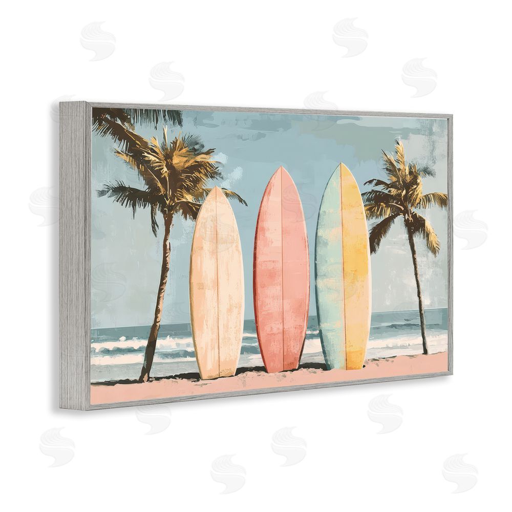 Petal Prints Design Paradise Surfboard Trio Gray Framed Giclee Wall Art