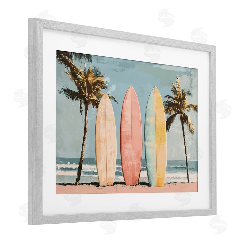 Petal Prints Design Paradise Surfboard Trio Gray Framed Print Under Glass Wall Art