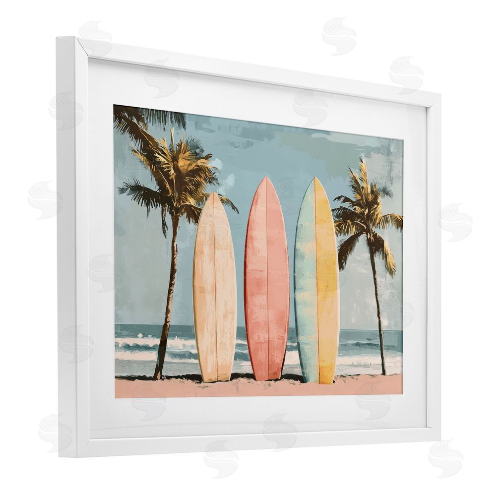 Petal Prints Design Paradise Surfboard Trio White Framed Print Under Glass Wall Art