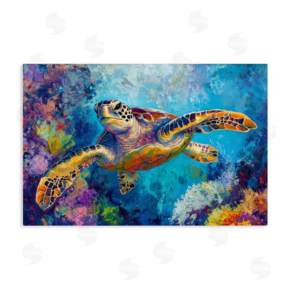 Petal Prints Design Colorful Sea Turtle over Coral Stretched Canvas Wall Art