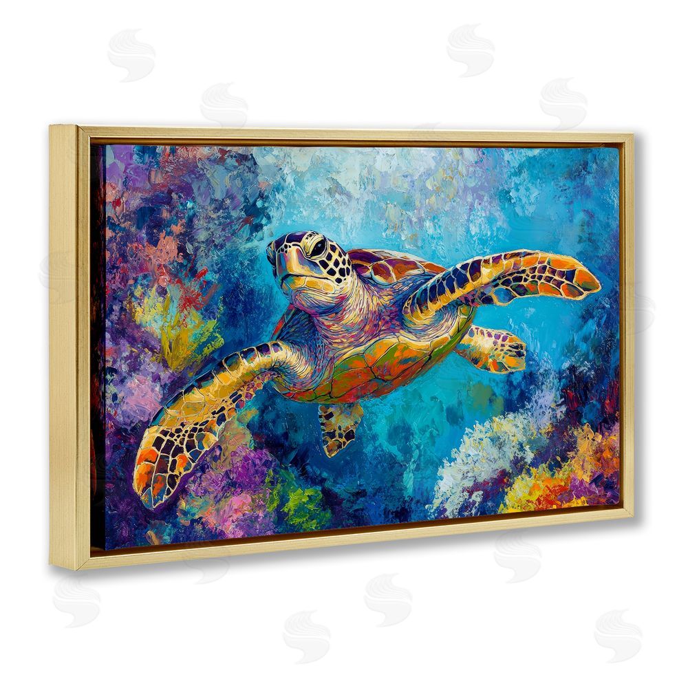 Petal Prints Design Colorful Sea Turtle over Coral Gold Floating Frame Canvas Wall Art Print