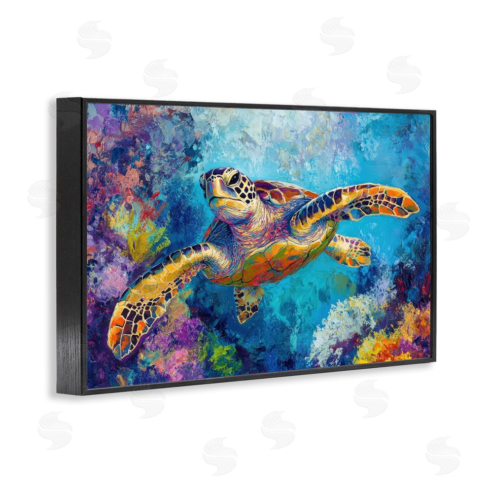 Petal Prints Design Colorful Sea Turtle over Coral Black Framed Giclee Wall Art Print