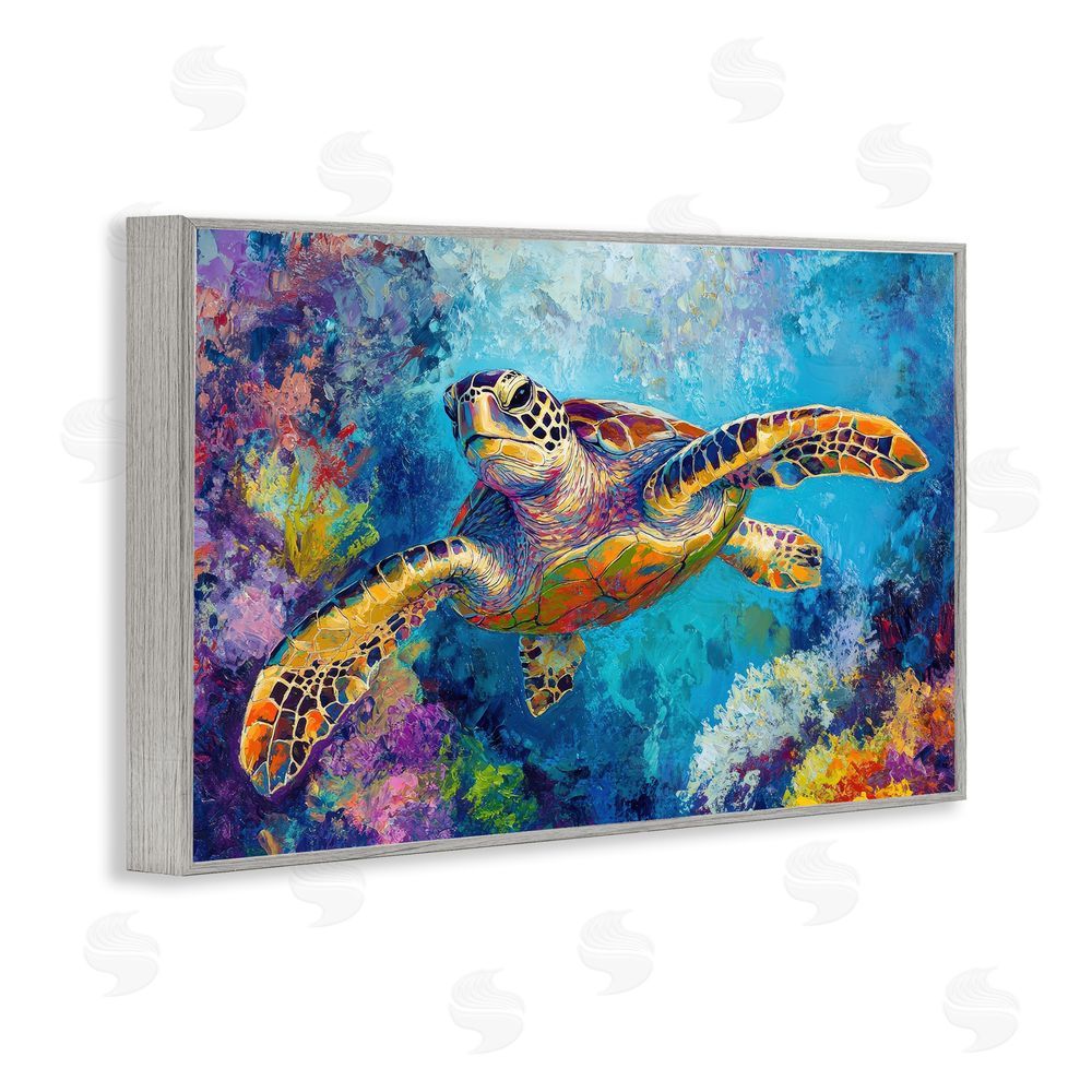 Petal Prints Design Colorful Sea Turtle over Coral Gray Framed Giclee Wall Art Print