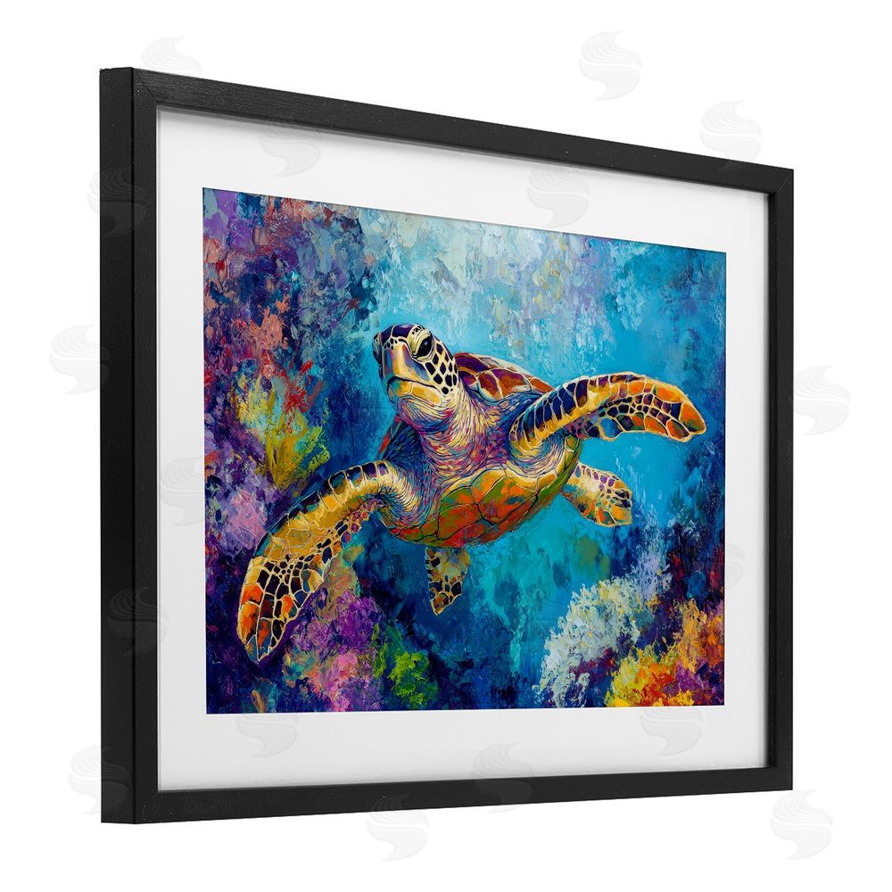 Petal Prints Design Colorful Sea Turtle over Coral Black Framed Print Under Glass Wall Art