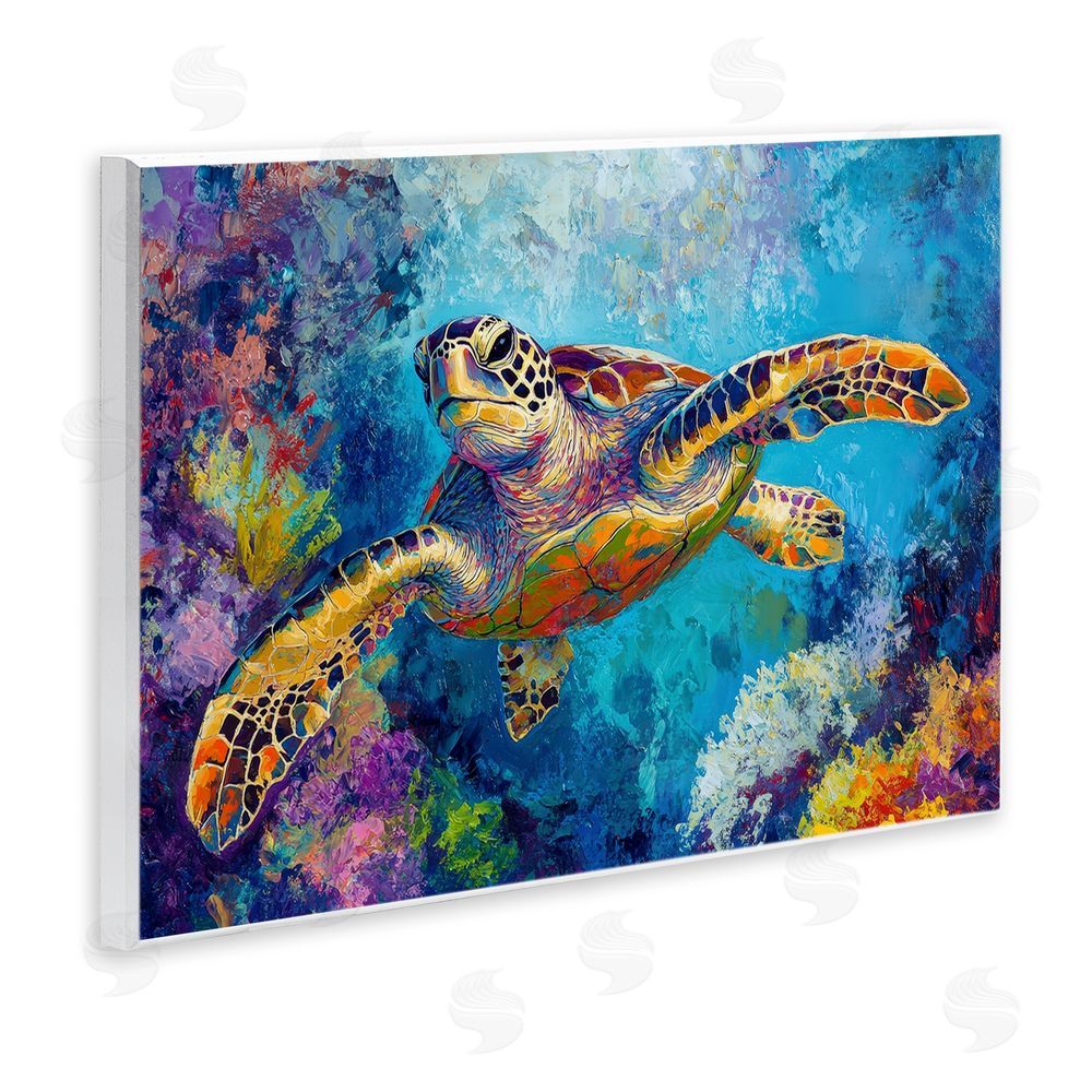 Petal Prints Design Colorful Sea Turtle over Coral Wall Plaque with Fixed Lithograph Print