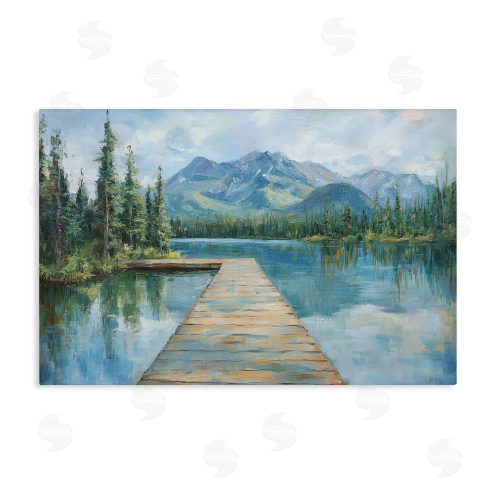 Petal Prints Design Peaceful Lake Dock in the Mountains Stretched Canvas Wall Art