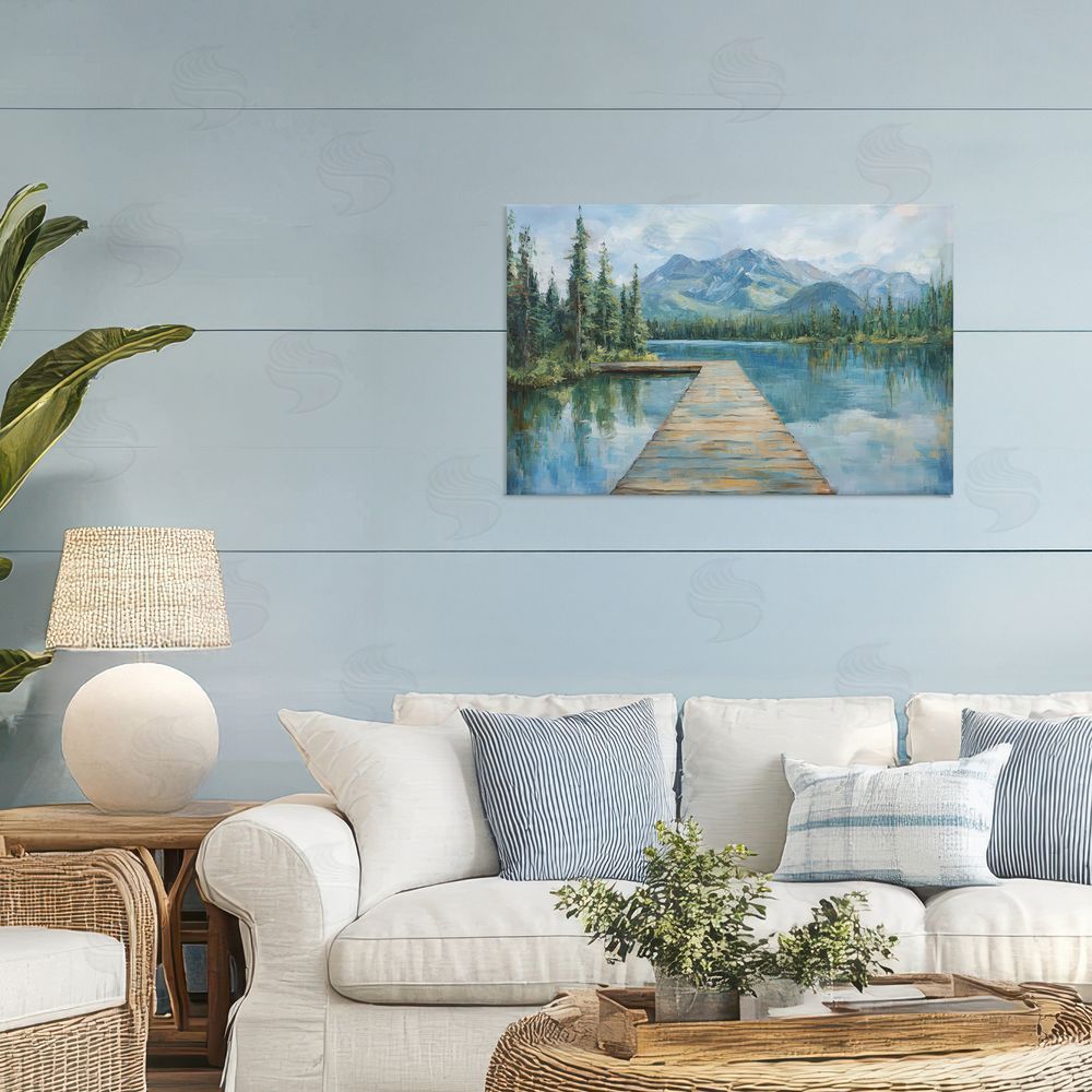 Petal Prints Design Peaceful Lake Dock in the Mountains Stretched Canvas Wall Art in Room