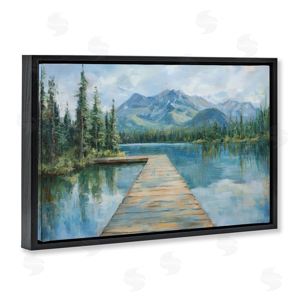 Petal Prints Design Peaceful Lake Dock in the Mountains Black Floating Framed Canvas Wall Art