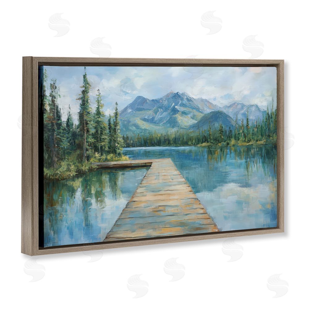 Petal Prints Design Peaceful Lake Dock in the Mountains Brown Floating Framed Canvas Wall Art