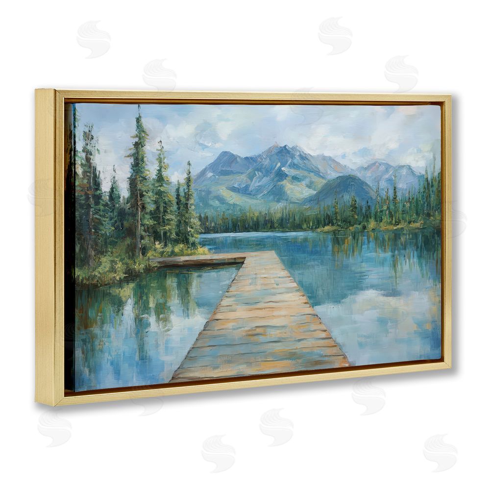 Petal Prints Design Peaceful Lake Dock in the Mountains Gold Floating Framed Canvas Wall Art