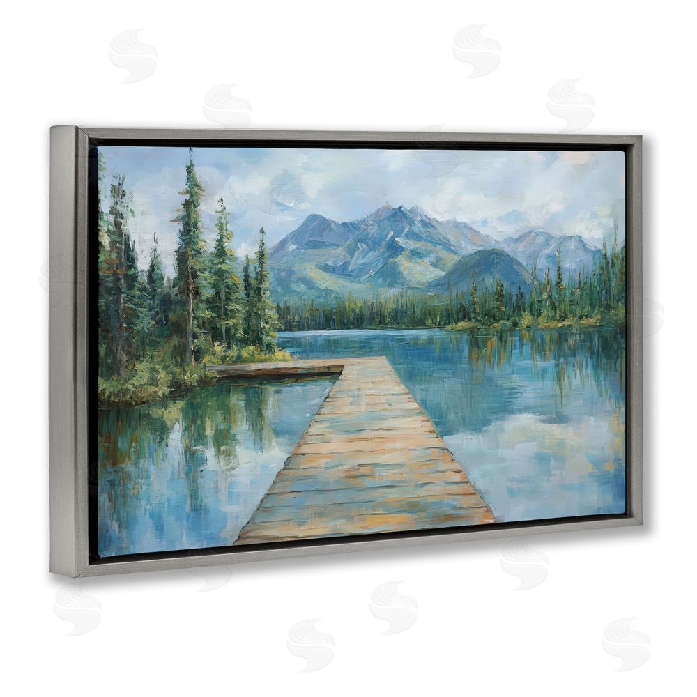Petal Prints Design Peaceful Lake Dock in the Mountains Gray Floating Framed Canvas Wall Art