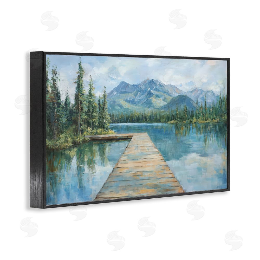Petal Prints Design Peaceful Lake Dock in the Mountains Black Framed Giclee Wall Art