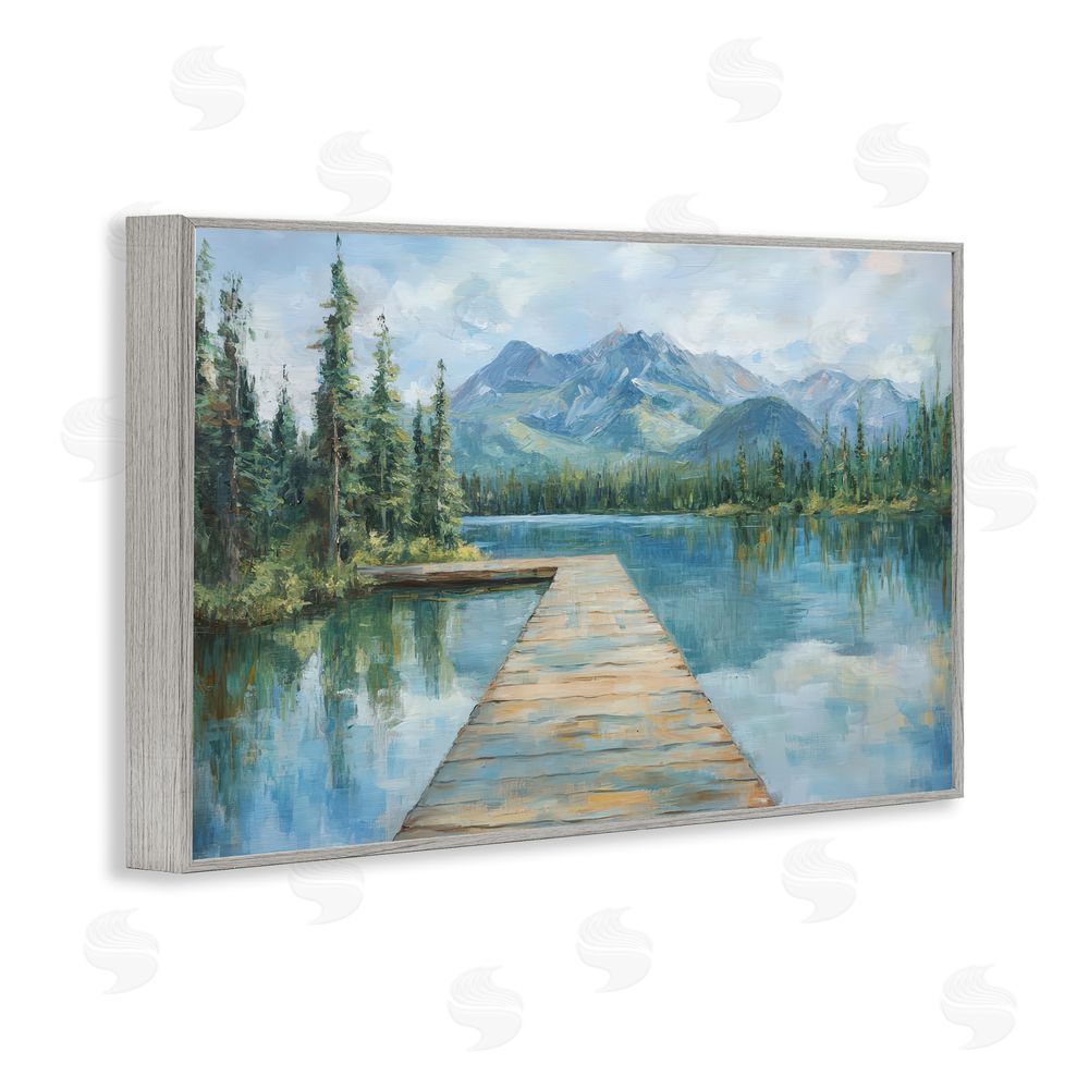 Petal Prints Design Peaceful Lake Dock in the Mountains Gray Framed Giclee Wall Art