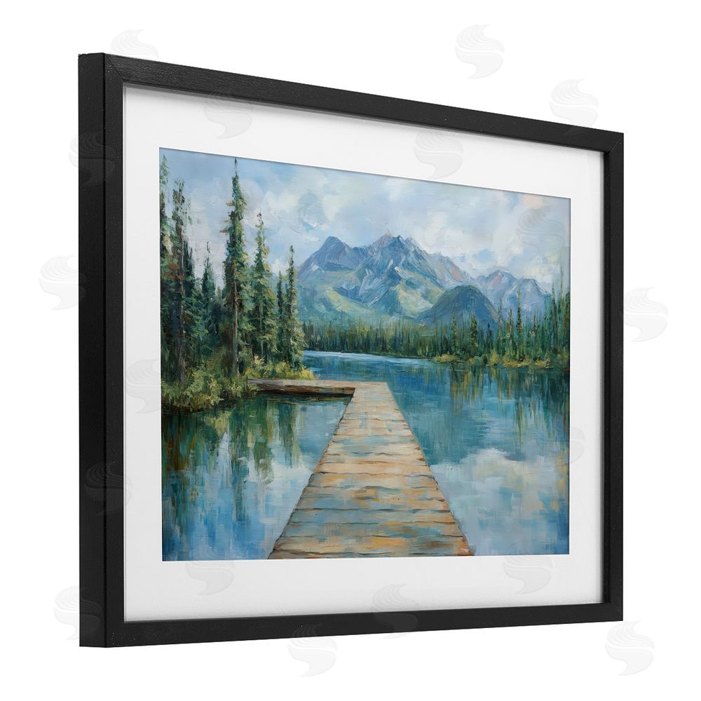 Petal Prints Design Peaceful Lake Dock in the Mountains Black Framed Print Under Glass Wall Art