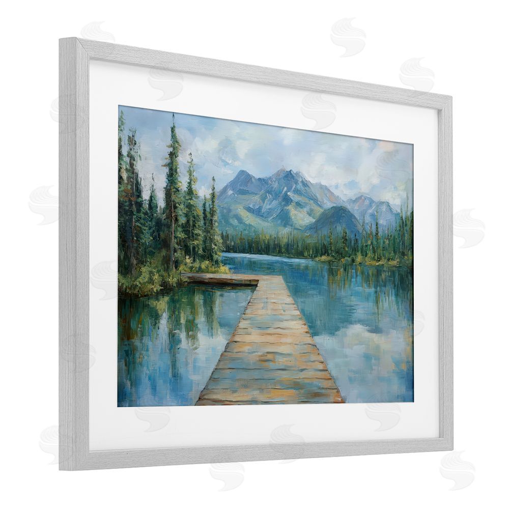Petal Prints Design Peaceful Lake Dock in the Mountains Gray Framed Print Under Glass Wall Art
