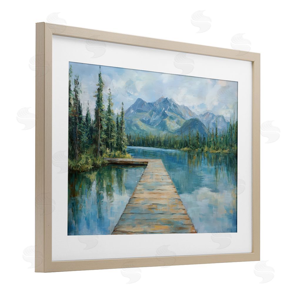 Petal Prints Design Peaceful Lake Dock in the Mountains Brown Framed Print Under Glass Wall Art