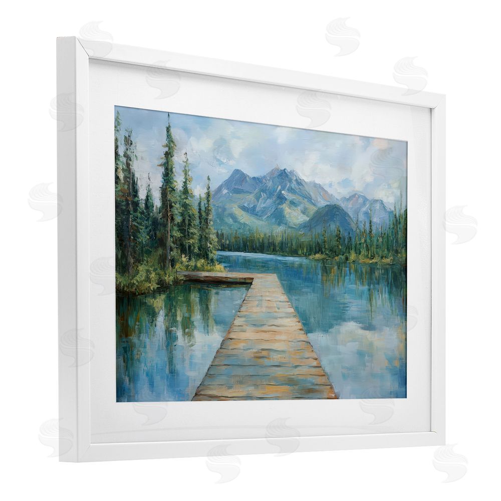 Petal Prints Design Peaceful Lake Dock in the Mountains White Framed Print Under Glass Wall Art