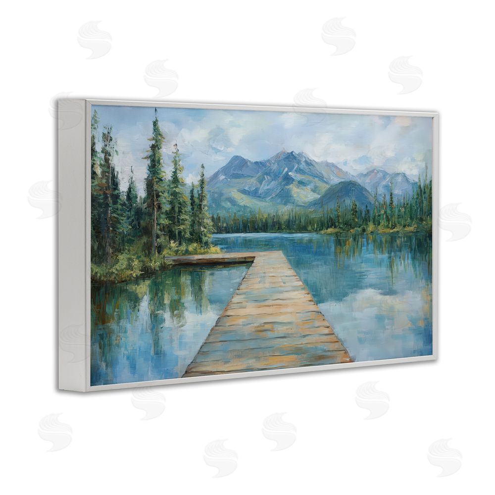 Petal Prints Design Peaceful Lake Dock in the Mountains White Framed Giclee Wall Art