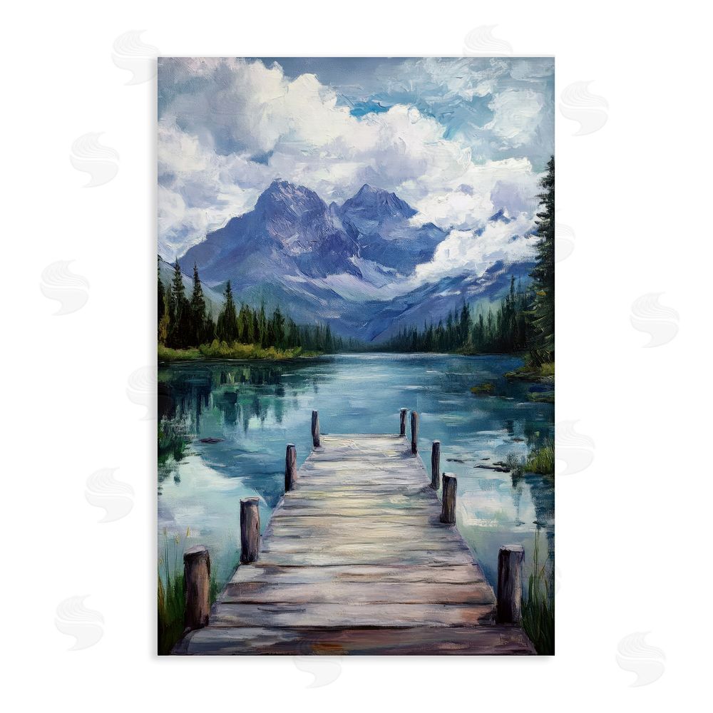 Petal Prints Design Weathered Dock on Mountain Lake Stretched Canvas Wall Art Print