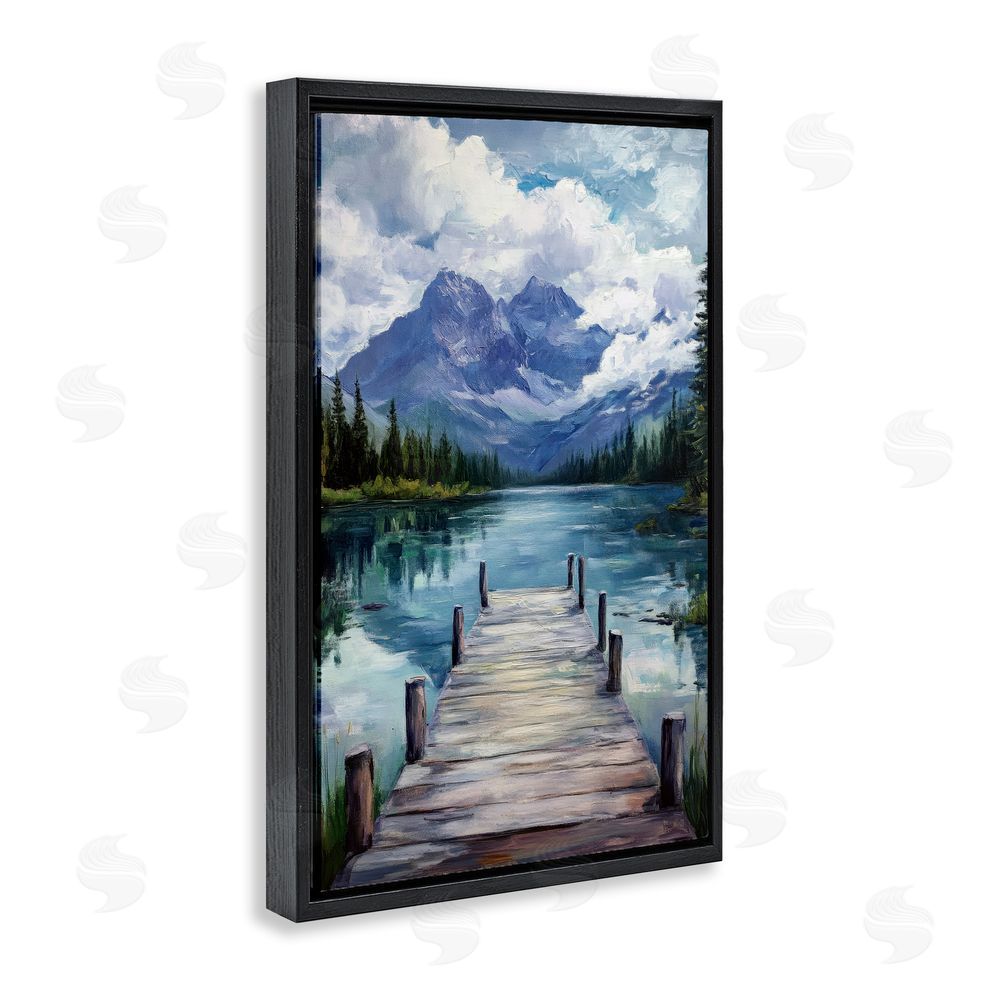 Petal Prints Design Weathered Dock on Mountain Lake Black Floating Framed Canvas Wall Art Print