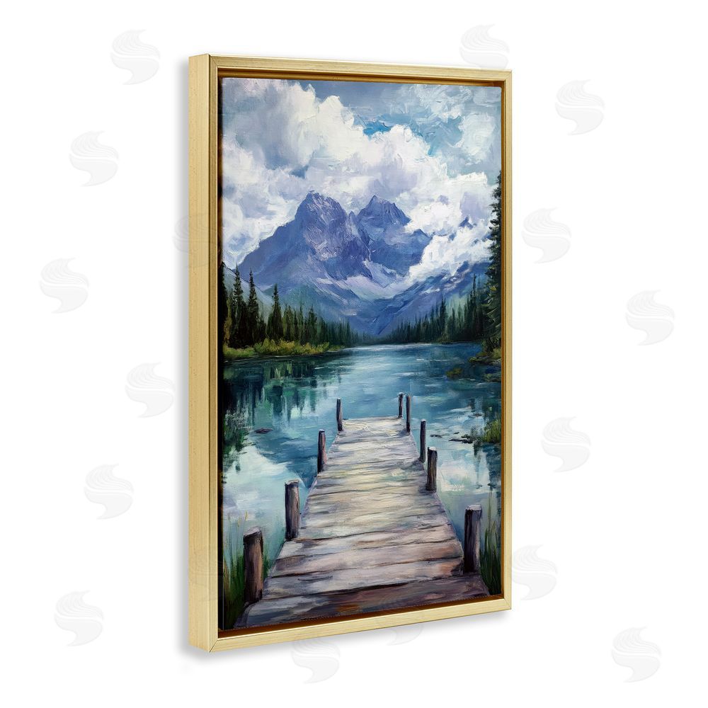 Petal Prints Design Weathered Dock on Mountain Lake Gold Floating Framed Canvas Wall Art Print