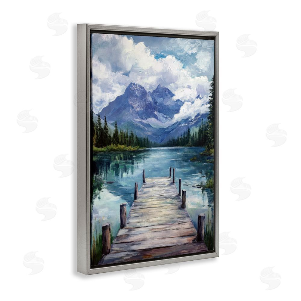 Petal Prints Design Weathered Dock on Mountain Lake Gray Floating Framed Canvas Wall Art Print