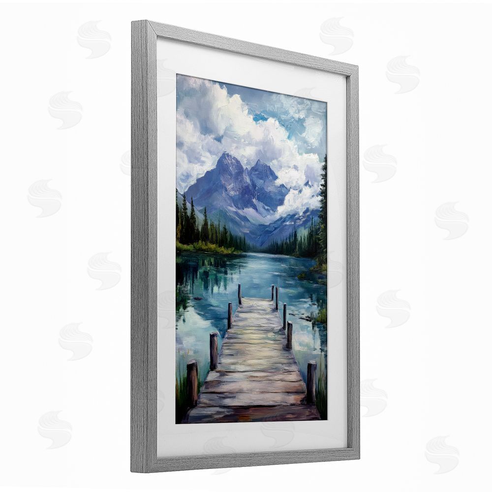 Petal Prints Design Weathered Dock on Mountain Lake Gray Framed Print Under Glass with White Mat Wall Art