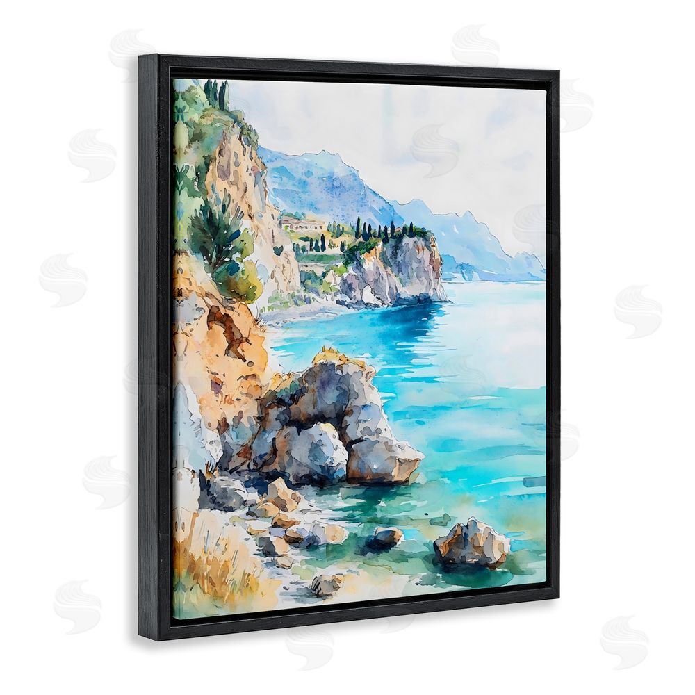 LSR Design Studio Azure Italian Coastline Black Floating Frame Stretched Canvas Wall Art Print