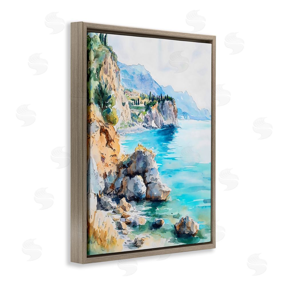 LSR Design Studio Azure Italian Coastline Brown Floating Frame Stretched Canvas Wall Art Print