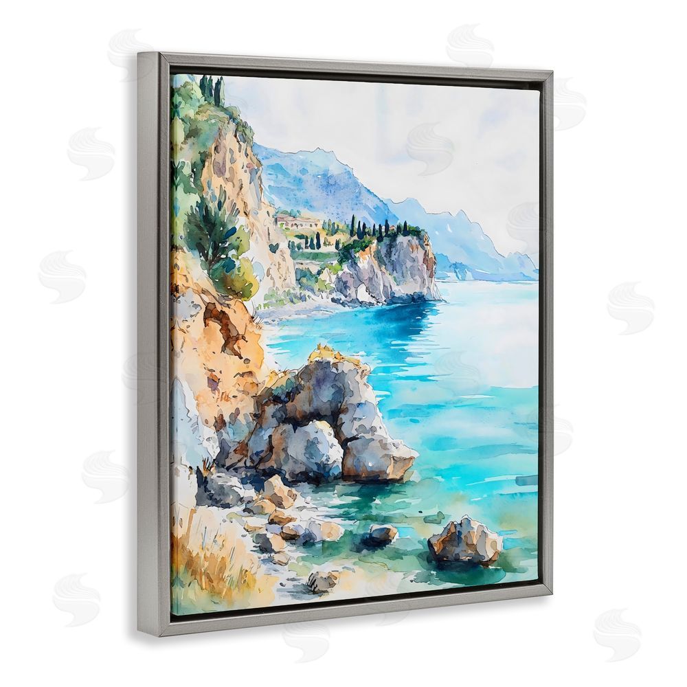 LSR Design Studio Azure Italian Coastline Gray Floating Frame Stretched Canvas Wall Art Print