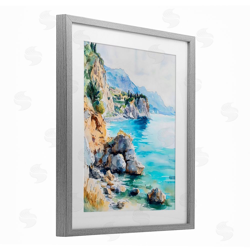 LSR Design Studio Azure Italian Coastline Gray Framed Print Under Glass with Matting Wall Art