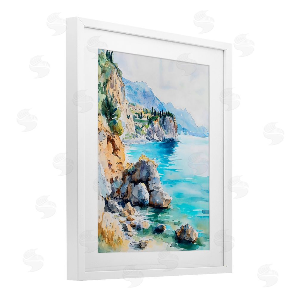 LSR Design Studio Azure Italian Coastline White Framed Print Under Glass with Matting Wall Art