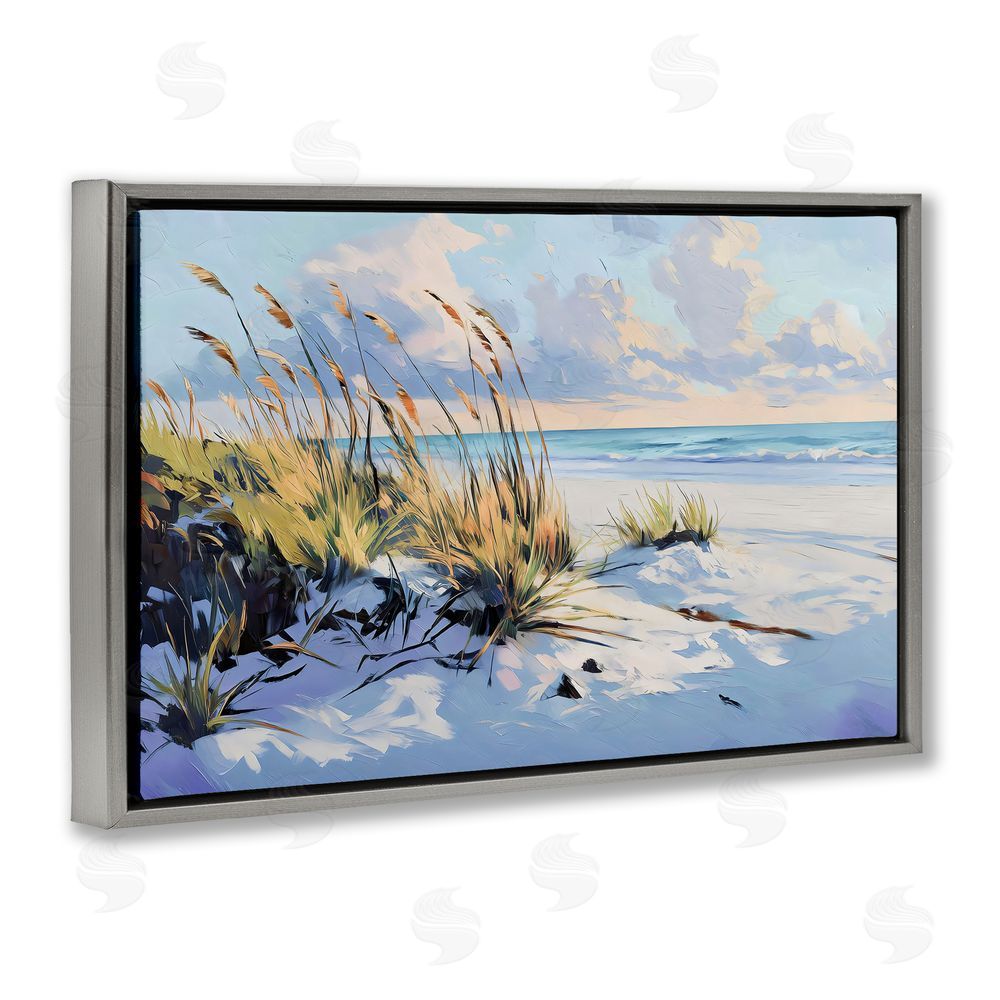 Gina Kelly Grassy Sand Dunes Beach Gray Floating Framed Canvas Wall Art