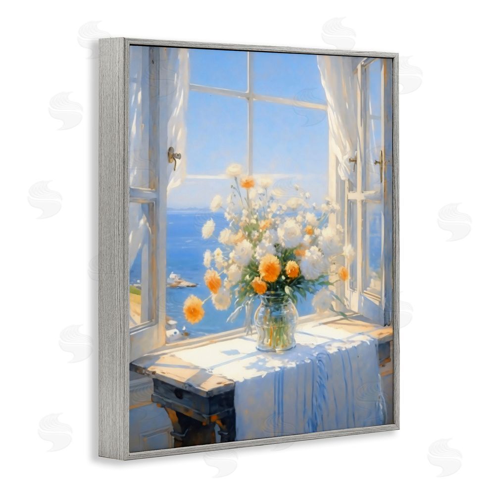 Creative Studio Floral Window View of Sea Gray Framed Giclee Wall Art