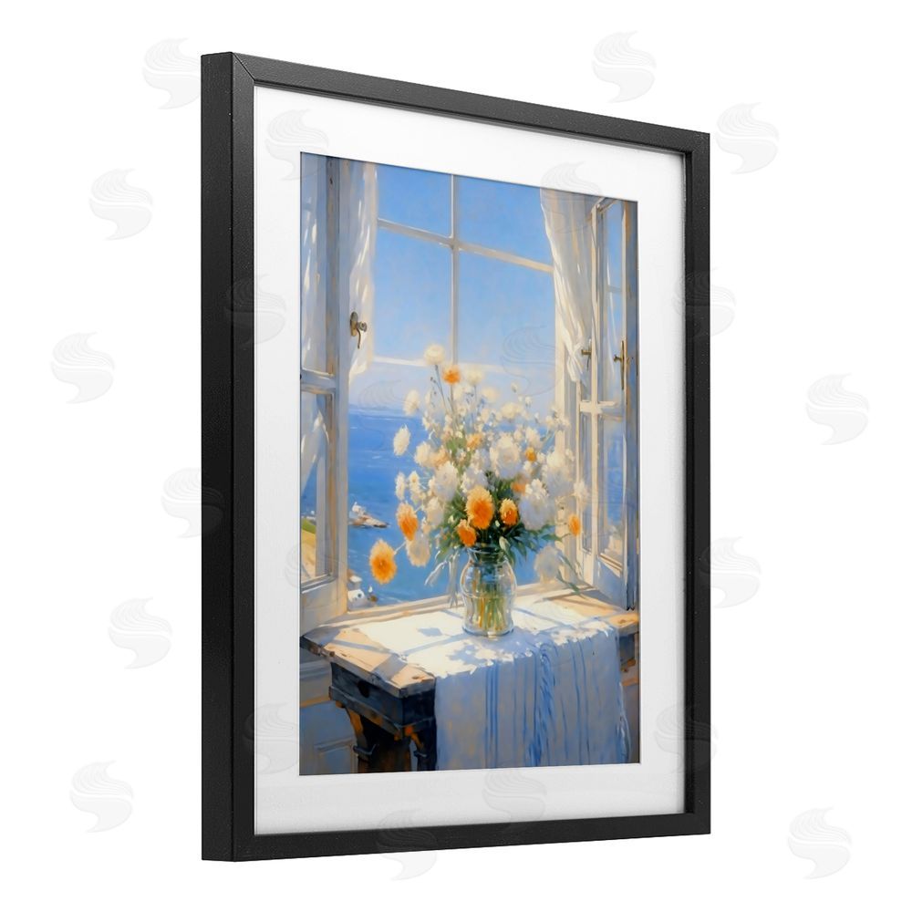 Creative Studio Floral Window View of Sea Black Framed Print Under Glass Wall Art
