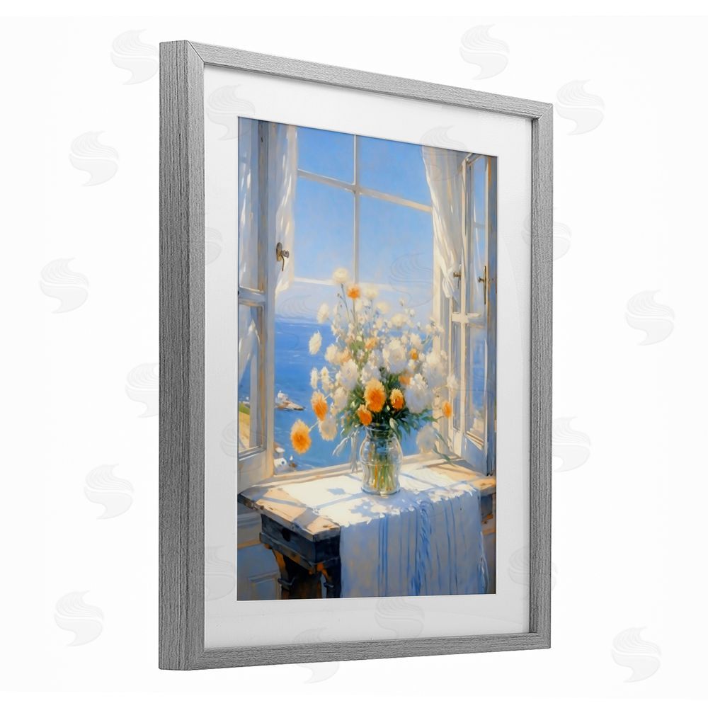 Creative Studio Floral Window View of Sea Gray Framed Print Under Glass Wall Art
