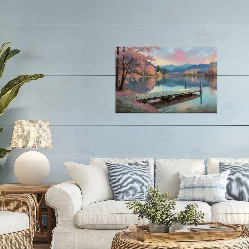 Creative Studio Pink Dock at Sunset Stretched Canvas Wall Art in Room